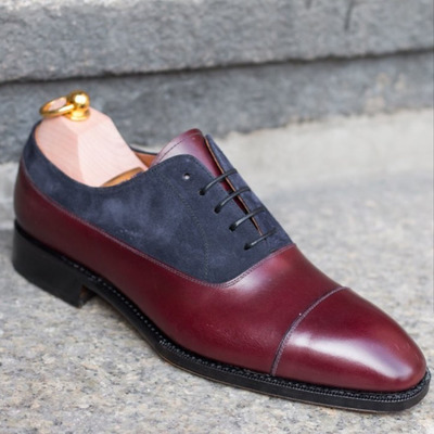 Handmade burgundy navy blue color leather suede shoes, men's cap toe lace up dress shoes - Thumbnail 4