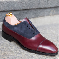 Handmade Burgundy Navy Blue Color Leather Suede Shoes, Men's Cap Toe Lace Up Dress Shoes - Thumbnail 1