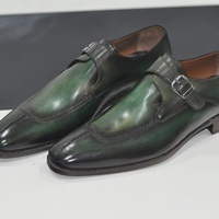 Handmade Green Color Leather Shoes, Men's Slip Toe Monk Strap Dress Shoes - Thumbnail 1