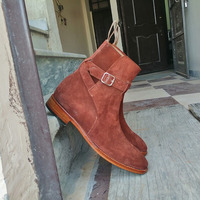 Handmade Brown Suede Boot, Men's Ankle High Jodhpurs Buckle Boot - Thumbnail 1