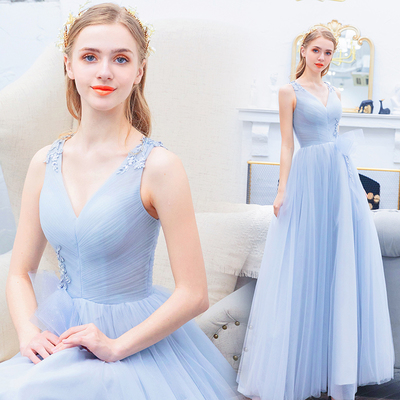 Light blue v neck tulle long prom dress, formal dress - Thumbnail 5