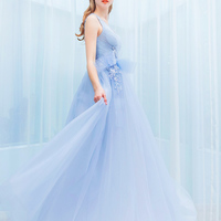 Light blue v neck tulle long prom dress, formal dress - Thumbnail 1