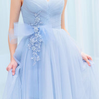 Light blue v neck tulle long prom dress, formal dress - Thumbnail 2