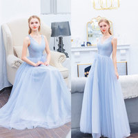 Light blue v neck tulle long prom dress, formal dress - Thumbnail 3
