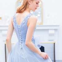 Light blue v neck tulle long prom dress, formal dress - Thumbnail 4
