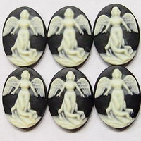 6 of 22x16 mm Relgious Full Body Woman Flying Angel Cameos Cream over Black - Thumbnail 1