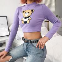 Cute Bear Embroidered Long Sleeve Purple Top - Thumbnail 1