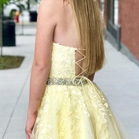 Yellow Tulle Short Homecoming Dresses Waist with Beaded - Thumbnail 1