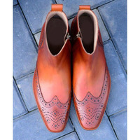 Handmade Brown Leather Boot, Men's Ankle High Side Zipper Wing Tip Brogue Dress Boot - Thumbnail 1