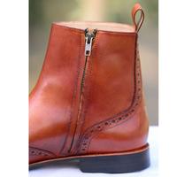Handmade Brown Leather Boot, Men's Ankle High Side Zipper Wing Tip Brogue Dress Boot - Thumbnail 2