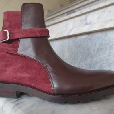 Handmade burgundy brown leather suede boot, men's ankle high jodhpurs buckle dress boot - Thumbnail 5