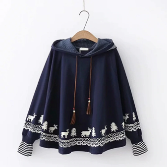 Kawaii Deer Print Hooded Pullover Sweater