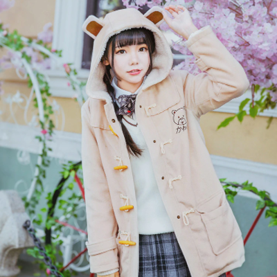 Hooded bear embroidery kawaii coat