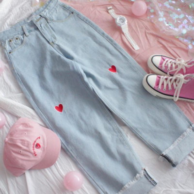 High waist kawaii heart embroidery denim pants