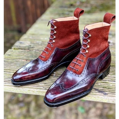 Handmade tan burgundy leather suede boot, men's ankle high wing tip lace up dress boot - Thumbnail 4