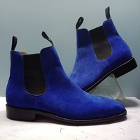 Handmade Blue Color Suede Boot, Men's Ankle High Chelsea Style Dress Boot - Thumbnail 1