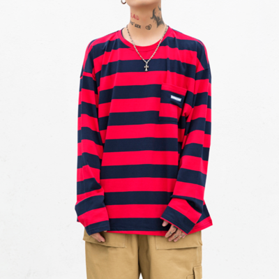 Free shipping-red and black striped pocket long sleeve shirt