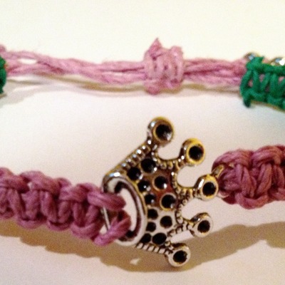 Friendship bracelet - pink/green color block w/ crown charm