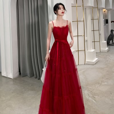Burgundy tulle long prom dress, evening dress - Thumbnail 5