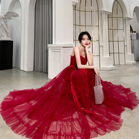 Burgundy tulle long prom dress, evening dress - Thumbnail 3