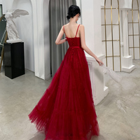Burgundy tulle long prom dress, evening dress - Thumbnail 4