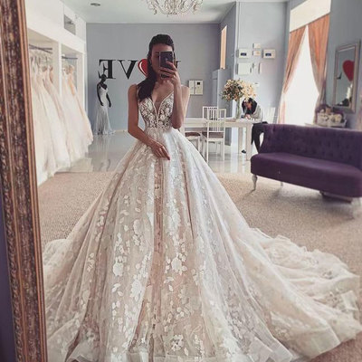 V neck wedding dresses with appliques flowers - Thumbnail 5