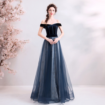 Dark blue velvet tulle long prom dress, evening dress - Thumbnail 5