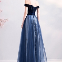 Dark blue velvet tulle long prom dress, evening dress - Thumbnail 4