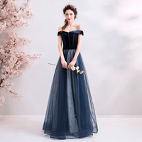 Dark blue velvet tulle long prom dress, evening dress - Thumbnail 2