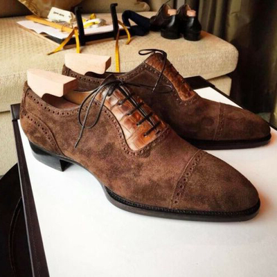 New handmade tan crocodile & brown suede leather lace up shoes for men's - Thumbnail 4