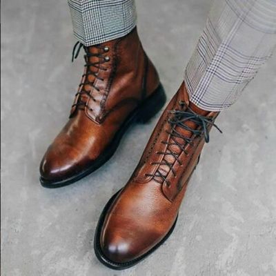Handmade Brown Lace up ankle boots for Mens, brown leather Dress Ankle boots