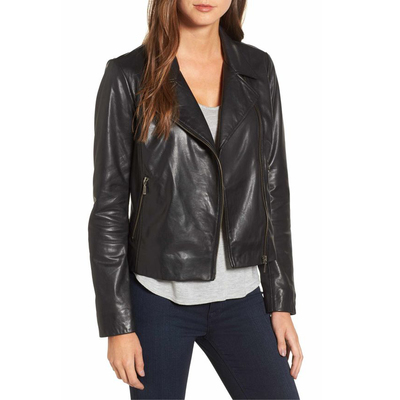 Women black wide collar leather jacket, womens fashion leather jacket