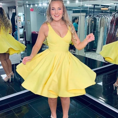 V neck yellow short homecoming dresses under 100 - Thumbnail 2
