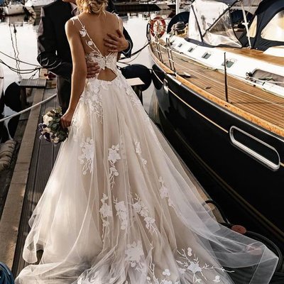 A line floral appliques beach wedding dresses backless tulle boho wedding gowns,106 - Thumbnail 4