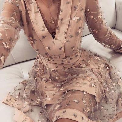 Cute pink long sleeve homecoming dresses, v neck above knee prom dress with flowers,107 - Thumbnail 5