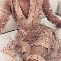 Cute Pink Long Sleeve Homecoming Dresses, V Neck Above Knee Prom Dress with Flowers,107 - Thumbnail 1