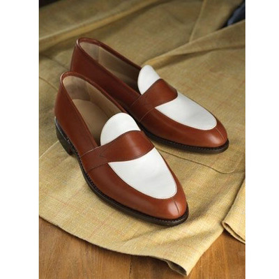 Handmade men's brown white leather slip owns shoes - Thumbnail 4