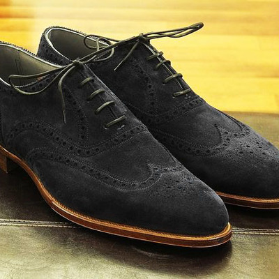 Handmade black suede brogues wing tip shoes for men's - Thumbnail 4