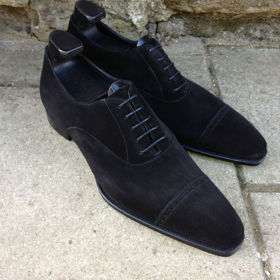 Handmade black cap toe suede leather lace up shoes for men's - Thumbnail 5
