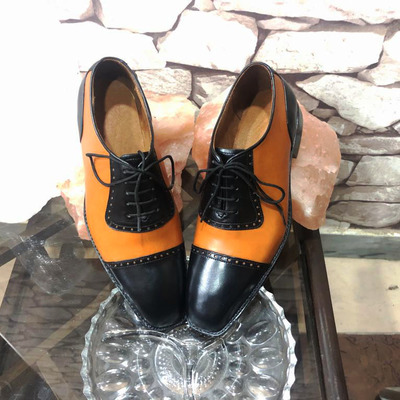 Handmade black brown leather cap toe shoes for men's - Thumbnail 5