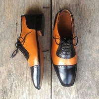 Handmade Black Brown Leather Cap Toe shoes for men's - Thumbnail 1