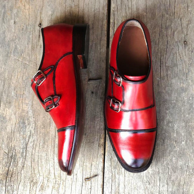 Handmade burgundy leather cap toe double monk shoes for men's - Thumbnail 3