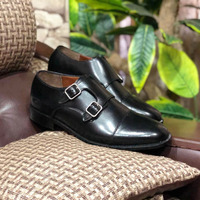 Handmade Black Leather Cap Toe Double Monk shoes for men's - Thumbnail 1