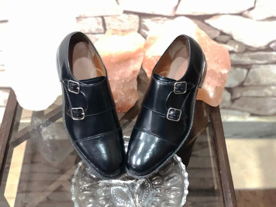 Handmade Black Leather Cap Toe Double Monk shoes for men's