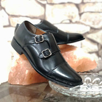 Handmade Black Leather Cap Toe Double Monk shoes for men's - Thumbnail 3