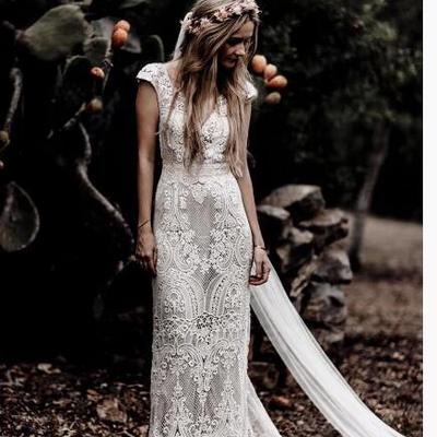 Vintage lace rustic wedding dresses cap sleeve sheath boho wedding dress - Thumbnail 3