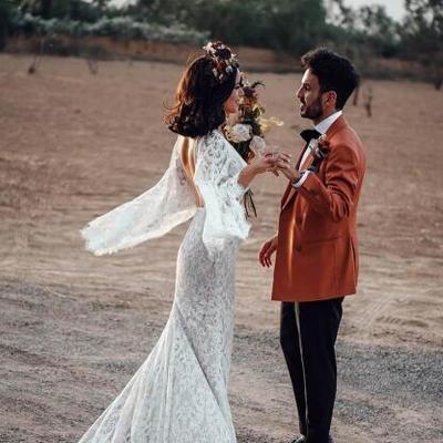 Backless batwing sleeve boho wedding dresses mermaid rustic wedding dress - Thumbnail 5