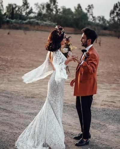 Backless Batwing Sleeve Boho Wedding Dresses Mermaid Rustic Wedding Dress