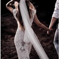 Vintage Lace Rustic Wedding Dresses Cap Sleeve Sheath Boho Wedding Dress - Thumbnail 1