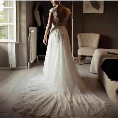 Simple a line wedding dreses v neck lace short sleeves chiffon lace floor length sexy backless beach wedding bridal gown  - Thumbnail 4